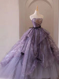 Dreamy Purple A-line Strapless Tulle Long Prom Dress Princess Dress HZ1024