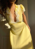 Elegant Yellow Short Sleeve Lace Trim Low Neck Long Prom Dress HZ1024