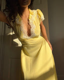 Elegant Yellow Short Sleeve Lace Trim Low Neck Long Prom Dress HZ1024