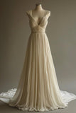 Elegant ivory deep V-neck beaded A-line trailing evening gown wedding dress HZ1024