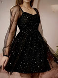 Black A-Line Long Sleeve Tulle Sequin Short Prom Dress Homecoming Dress HZ1024