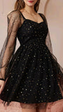 Black A-Line Long Sleeve Tulle Sequin Short Prom Dress Homecoming Dress HZ1024
