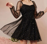 Black A-Line Long Sleeve Tulle Sequin Short Prom Dress Homecoming Dress HZ1024