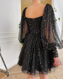 Black A-Line Long Sleeve Tulle Sequin Short Prom Dress Homecoming Dress HZ1024