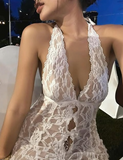 Sexy Deep V Neck White Lace Halter Backless Mermaid Prom Dress Evening Dress HZ1024