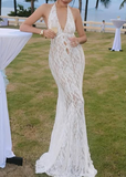 Sexy Deep V Neck White Lace Halter Backless Mermaid Prom Dress Evening Dress HZ1024