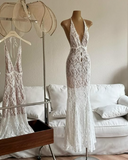 Sexy Deep V Neck White Lace Halter Backless Mermaid Prom Dress Evening Dress HZ1024