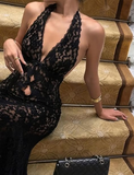 Sexy Deep V Neck White Lace Halter Backless Mermaid Prom Dress Evening Dress HZ1024