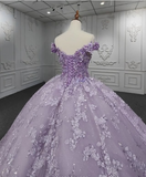 Gorgeous A-line purple tutu off-the-shoulder floral dress with tail prom dress evening dress HZ1024