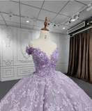 Gorgeous A-line purple tutu off-the-shoulder floral dress with tail prom dress evening dress HZ1024