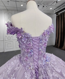 Gorgeous A-line purple tutu off-the-shoulder floral dress with tail prom dress evening dress HZ1024