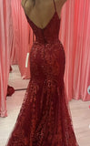 Sexy Burgundy Strapless V-Neck Mermaid Sequined Ball Gown Evening Dress HZ1024
