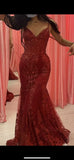 Sexy Burgundy Strapless V-Neck Mermaid Sequined Ball Gown Evening Dress HZ1024