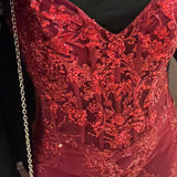 Sexy Burgundy Strapless V-Neck Mermaid Sequined Ball Gown Evening Dress HZ1024