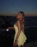 Sexy Light Yellow Off Shoulder Halter Neck Lace A-Line Mini Party Dress Homecoming Dress HZ1024