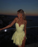 Sexy Light Yellow Off Shoulder Halter Neck Lace A-Line Mini Party Dress Homecoming Dress HZ1024