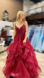 Elegant Burgundy A-line Spaghetti Strap Shiny Prom Dress Evening Dress HZ1024