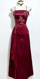 Vintage wine red suspender satin sequin A-line prom dress evening dress HZ1024