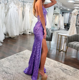 Charming Purple Spaghetti Strap V Neck High Slit Sequin Prom Dress Evening Dress HZ1024