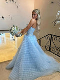 Gorgeous blue off-the-shoulder sleeveless A-line slit tulle layered floor-length prom dress bridesmaid dress HZ1024