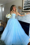 Gorgeous blue off-the-shoulder sleeveless A-line slit tulle layered floor-length prom dress bridesmaid dress HZ1024