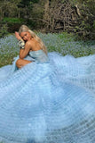 Gorgeous blue off-the-shoulder sleeveless A-line slit tulle layered floor-length prom dress bridesmaid dress HZ1024
