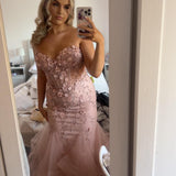 Elegant Pink Strapless Sweetheart Neck Mermaid Tulle Long Prom Dress Evening Dress HZ1024