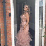 Elegant Pink Strapless Sweetheart Neck Mermaid Tulle Long Prom Dress Evening Dress HZ1024