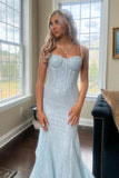 Shiny Light Blue Spaghetti Strap Beaded Floor-Length Prom Dress Evening Dress HZ1024
