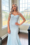 Shiny Light Blue Spaghetti Strap Beaded Floor-Length Prom Dress Evening Dress HZ1024