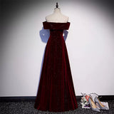 A-Line Off Shoulder Velvet Burgundy Long Prom Dress, Burgundy Formal Dress HZ1024