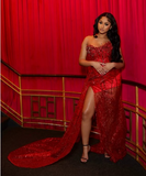 Gorgeous burgundy off-the-shoulder sequined high-slit prom dress evening gown HZ1024