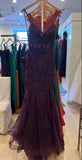 Vintage Purple Lace Strapless V-Neck Tulle Mermaid Long Prom Dress Evening Dress HZ1024