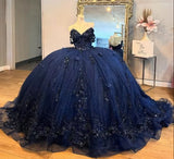Navy Blue Tutu A-line Off-shoulder Sequined Tulle Floor-length Prom Dress Evening Dress HZ1024