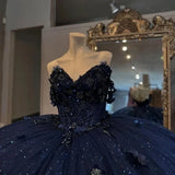 Navy Blue Tutu A-line Off-shoulder Sequined Tulle Floor-length Prom Dress Evening Dress HZ1024