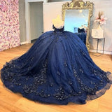 Navy Blue Tutu A-line Off-shoulder Sequined Tulle Floor-length Prom Dress Evening Dress HZ1024