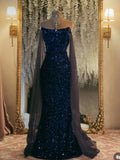 Gorgeous Navy Off Shoulder Sleeveless Sequin Mermaid Formal Prom Dress Evening Gown HZ1024