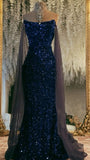 Gorgeous Navy Off Shoulder Sleeveless Sequin Mermaid Formal Prom Dress Evening Gown HZ1024