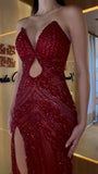 Shiny Burgundy Off-the-shoulder Sequined High Slit Mermaid Floor-length Prom Dress Evening Dress HZ1024