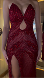Shiny Burgundy Off-the-shoulder Sequined High Slit Mermaid Floor-length Prom Dress Evening Dress HZ1024