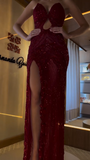 Shiny Burgundy Off-the-shoulder Sequined High Slit Mermaid Floor-length Prom Dress Evening Dress HZ1024