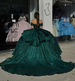 Gorgeous Green A-line Tutu Off-shoulder Strap Train Prom Dress Princess Dress HZ1024