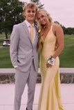 Elegant light yellow off-shoulder V-neck mermaid backless long prom dress bridesmaid dress HZ1024