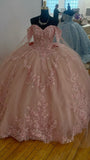 Sweet pink off-the-shoulder A-line sequined tulle with train prom dress evening dress HZ1024