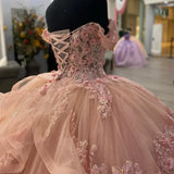 Sweet pink off-the-shoulder A-line sequined tulle with train prom dress evening dress HZ1024