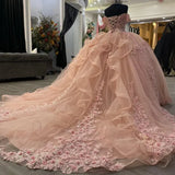 Sweet pink off-the-shoulder A-line sequined tulle with train prom dress evening dress HZ1024