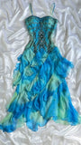 Retro Gradient Blue Suspender Chiffon Ruffle Beaded Prom Dress Evening Gown HZ1024