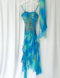 Retro Gradient Blue Suspender Chiffon Ruffle Beaded Prom Dress Evening Gown HZ1024