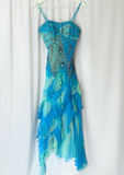 Retro Gradient Blue Suspender Chiffon Ruffle Beaded Prom Dress Evening Gown HZ1024