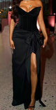 Elegant black off-shoulder velvet slit satin long prom dress evening dress HZ1024